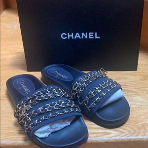 Chanel Satin Black Chain Slides